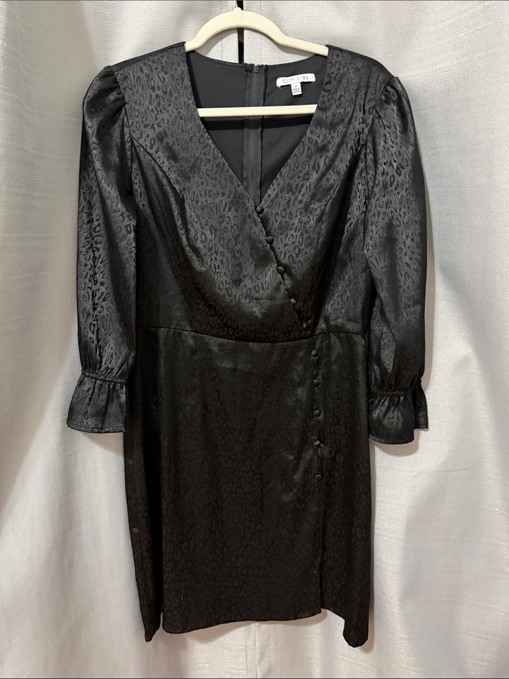 CITY Vibe Black Satin Leopard-Print V-Neck Mini Dress